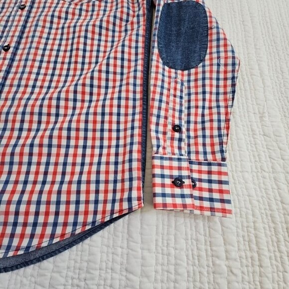 Prejuicio Demin Long Sleeve Shirt Men's S Small Red White Blue Button Pockets LN - Picture 2 of 13